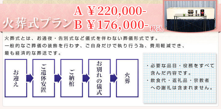 さいたま市のシルバー葬祭センターの火葬式プラン　\180,000（税込）火葬式とは、お通夜・告別式などを伴わないお葬式の形式です。一般的なお葬式の装飾を行わず、ご自身だけで執り行う為、費用軽減でき、最も経済的な葬送です。お迎えからご遺体安置、ご納棺、お別れの儀式、火葬の流れで執り行います。必要な品目・役務をすべて含んだ内容です。飲食代・返礼品・宗教者への謝礼は含まれません。